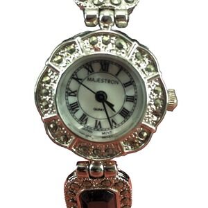 Majestron Women's Fashion Watch Black Stones Silver Tone Women Quartz Japan